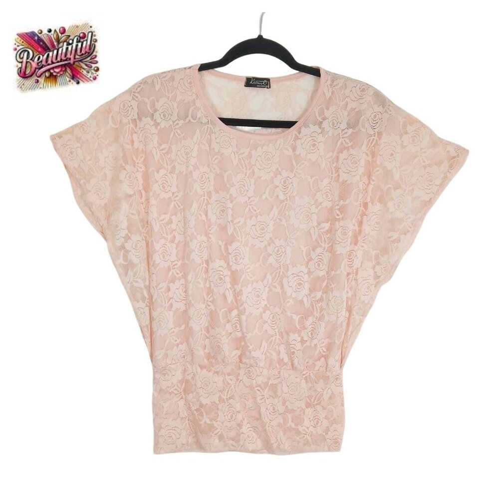 Kivenst High Fashion Women's Lace Blouse Sheer Floral Batwing Soft Pink 🌸